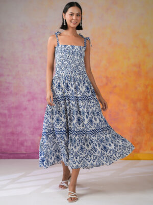 Navy Blue Square Neck Geometric Viscose Rayon Dress For Women