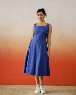 Blue Solid Print Cotton Dress For Women