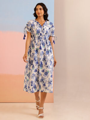 Blue V-Neck Floral Pure Cotton Dress For Women