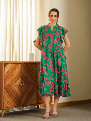 Green V-Neck Floral Pure Cotton Dress For Women