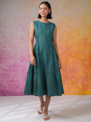 Sea Green Round Neck Solid Cotton Blend Dress For Women