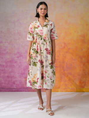 Off White Lapel Collar Floral Pure Cotton Dress For Women