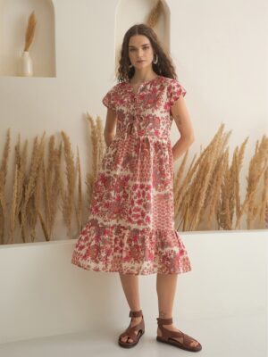 Off White Round Neck Floral Pure Cotton Dress For Women