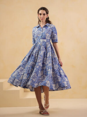 Blue Shirt Collar Floral Pure Cotton Dress For Women