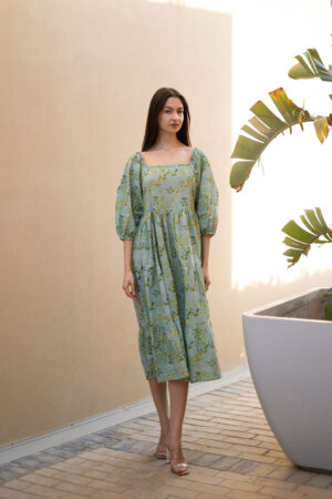 Green Square Neck Floral Pure Cotton Dress For Women
