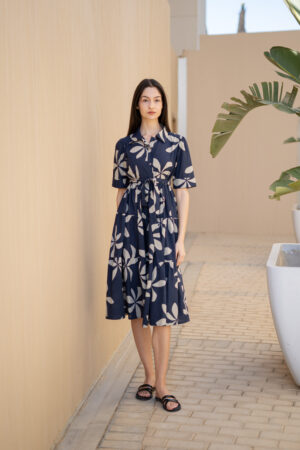 Navy Blue Shirt Collar Floral Pure Cotton Dress For Women