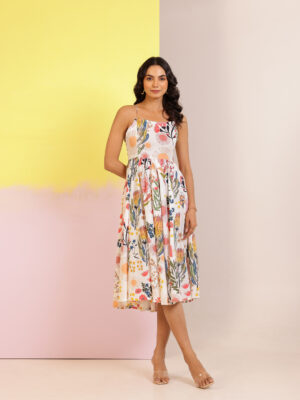 Off White Shoulder Straps Floral Pure Cotton Dress For Women