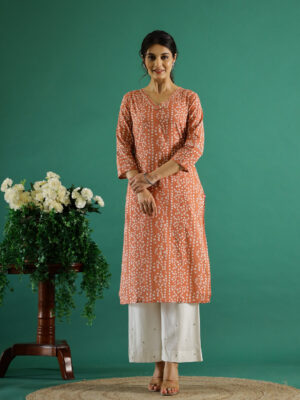 Orange White Dotted  Printed Cotton Kurta For Women