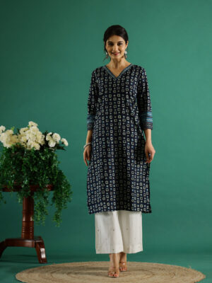 Navy Blue V-Neck Cotton Printed Kurta For Women