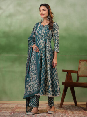 Teal Colour Flared Printed Pure Cotton Kurta Set For Women