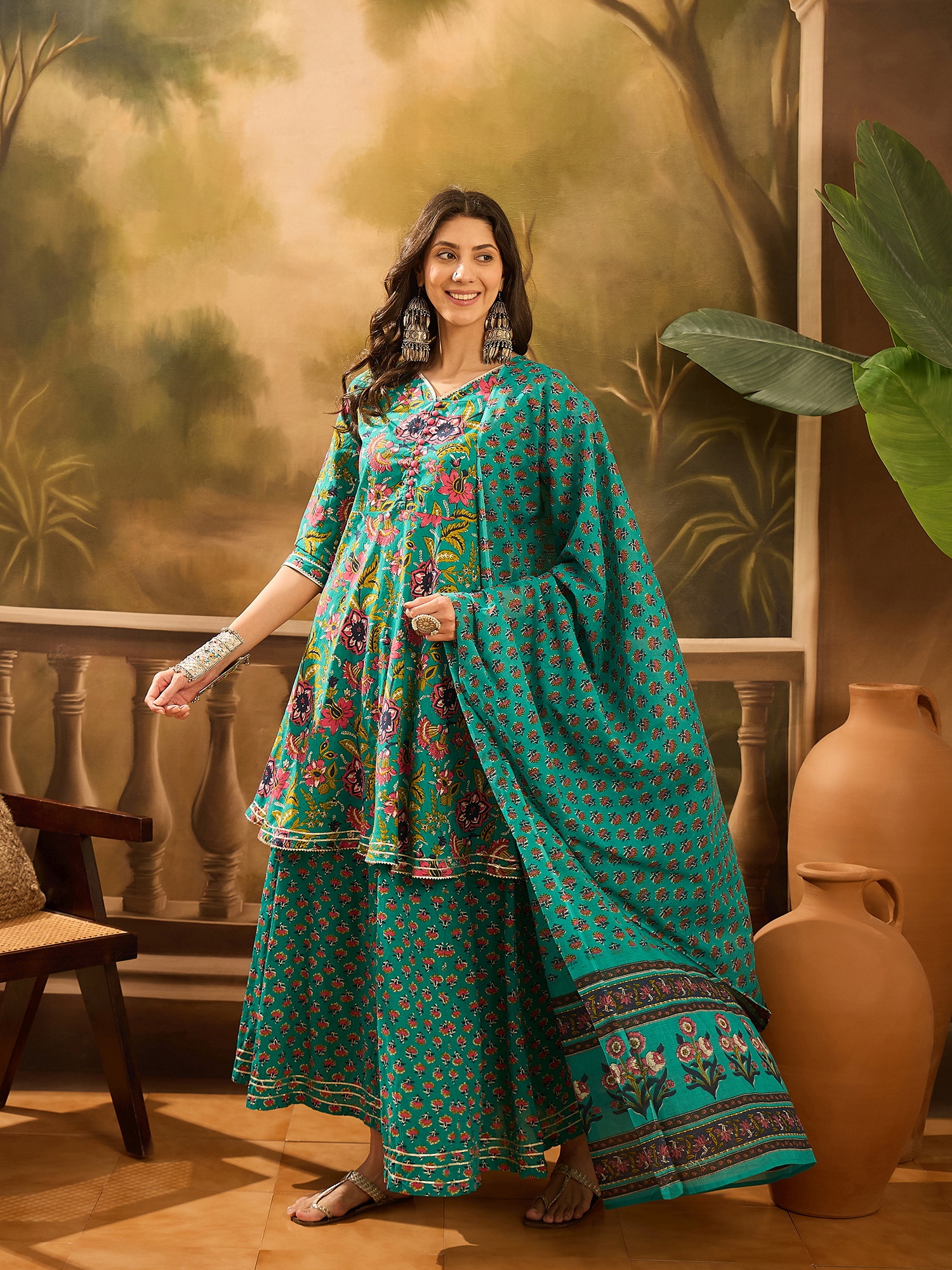 Turquoise Blue Pure Cotton V-Neck Kurta Set For Women