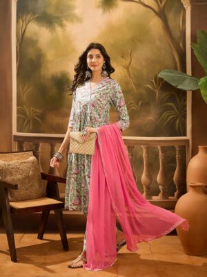 Green V-Neck Floral Printed Kurta Set For Women