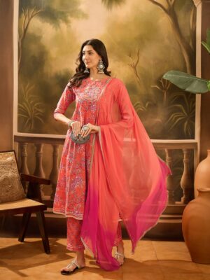 Orange Pure Cotton Round Neck Kurta Set For Women